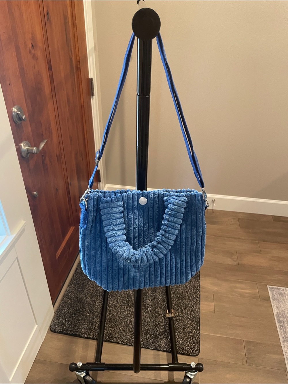 Blue Plush Corduroy Shoulder Bag - Women